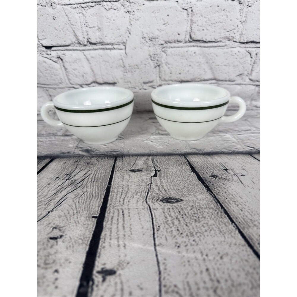 Rare Vtg Pyrex White Milk Glass Cups Corning Decor Green Stripe Bands Set of 2